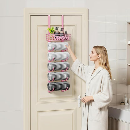 SWTYMIKI Hanging Towel Racks for Bathroom - 9 Tier Over The Door & Wall Mounted Bath Rolled Towel Storage Organizer Holder for Small Bathroom, RV, Camper (Pink, 6-Tier)