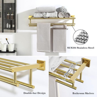 Alise Double Towel Rack for Bathroom,24 in Bathroom Tower Holder Towel Shelf with Double Towel Bars Wall Mount,SUS304 Stainless Steel Towel Hanger Double Tower Bar for Bathroom Wall,Brushed Gold