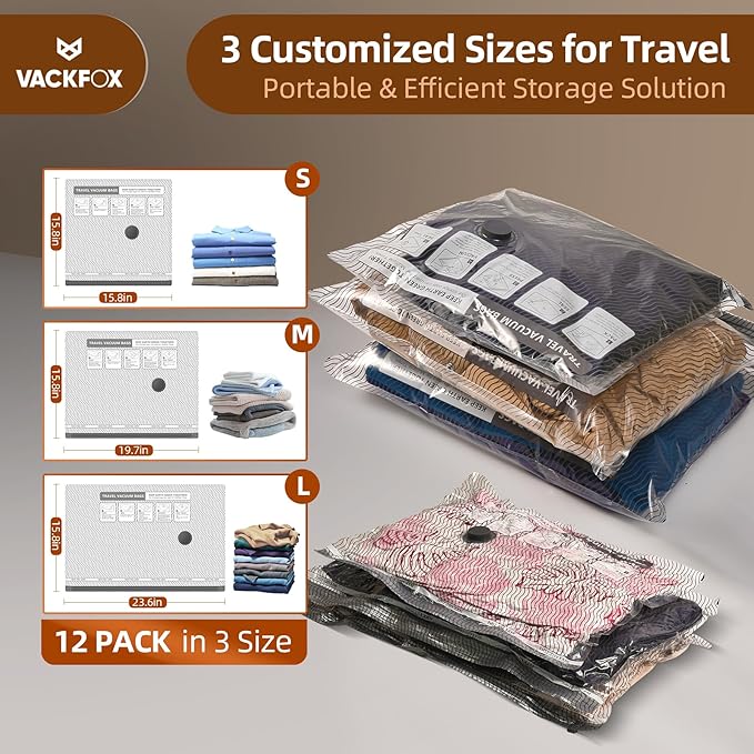 VACKFOX 12 Pack Travel Vacuum Bags for Clothing,Compression Seal Packing Cubes for Luggage Suitcase Backpack,Carry-on Size Space Saver Storage Bags 80% Space Saver for travel,outdoor and home use.