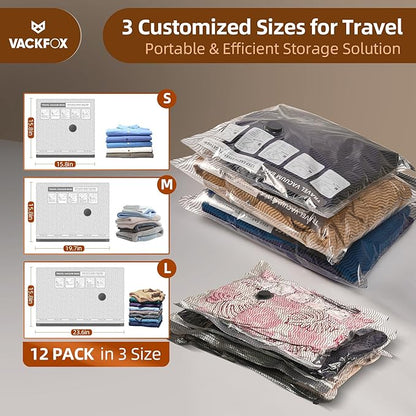 VACKFOX 12 Pack Travel Vacuum Bags for Clothing,Compression Seal Packing Cubes for Luggage Suitcase Backpack,Carry-on Size Space Saver Storage Bags 80% Space Saver for travel,outdoor and home use.