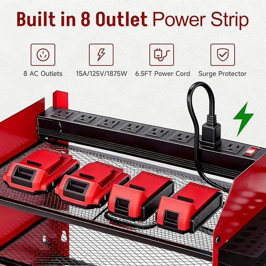 Power Tool Organizer Wall Mount with Charging Station, Heavy Duty 3 Layers Tool Storage Rack with 4 Cordless Drill Holder, Battery Holder with 8 Power Strip, Ideal for Garage, Warehouse, Workshop