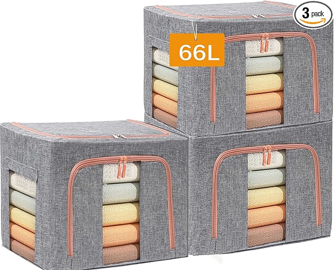 SWEERI Large Capacity Clothes Storage Bags,Stackable Storage Organizer with Foldable Metal Frame, 2-Way Zipper, Handles, Clear Window for Clothes, Bedding, Seasonal Storage (3Pack, 66L)
