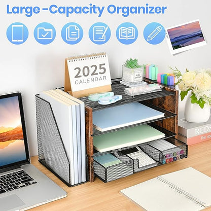 OPNICE Desk Organizer, 4-Tier Desktop File Organizer with Drawer and 2 Pen Holders, Office Desk Accessories, File Sorters, Workspace Organizers for Office Supplies(Brown Wood)