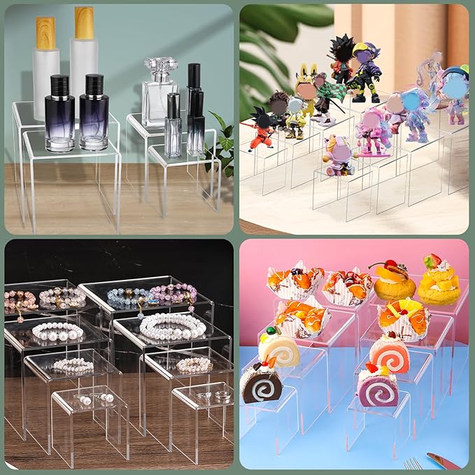 8 Pcs Square Acrylic Display Risers, 2 Sets 4 Sizes Tall Acrylic Risers Display Stands, 0.12" Thick Clear Risers for Displays, Clear Display Shelf for Figure Action Jewelry Showcase