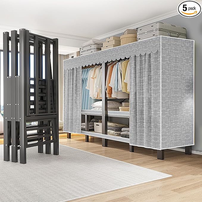 FPIGSHS 49.2in Heavy Duty Clothes Rack with Cover Foldable Covered Clothes Rack for Hanging Clothes portable Wardrobe Closet System Freestanding Coat Storage Garment Racks for bedroom (grey, 49.2in)