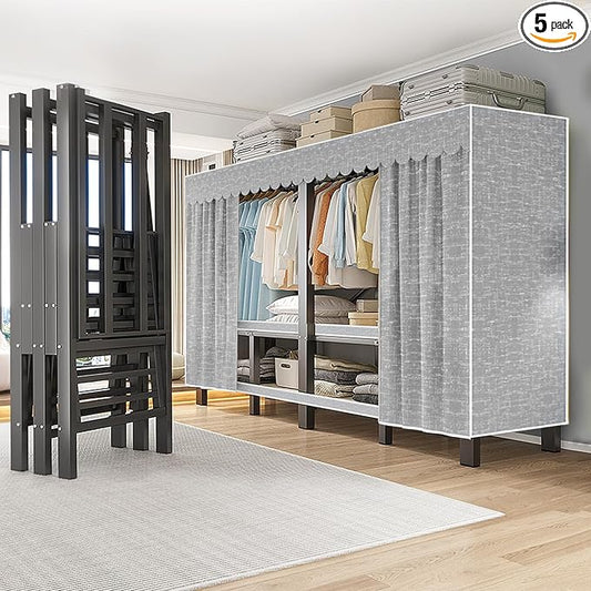 FPIGSHS 49.2in Heavy Duty Clothes Rack with Cover Foldable Covered Clothes Rack for Hanging Clothes portable Wardrobe Closet System Freestanding Coat Storage Garment Racks for bedroom (grey, 49.2in)