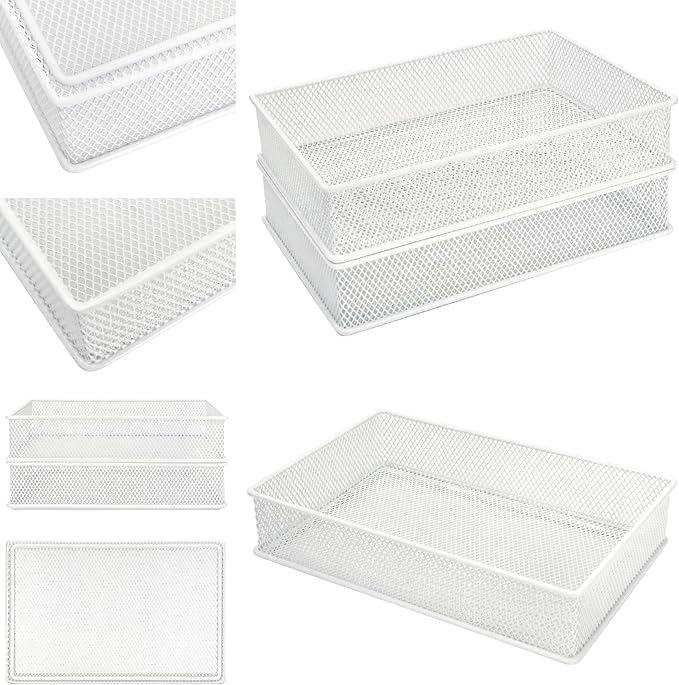 Annova Mesh Stackable Drawer Cabinet and Shelf Organizer Bins Storage Basket School Office Supply Holder Tray- Set of 2 (White, 6x9x2 Inch)