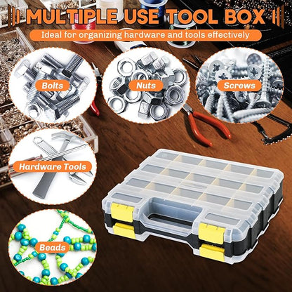 Small Parts Organizer | Storage Case Tools Box 34-Compartments Double Side Organizer Box with Removable Dividers for Small Hardware, Screws, Bolts, Nuts, Nails, Beads (Yellow)