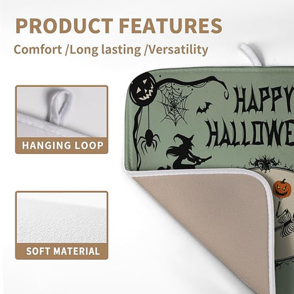 Wnoesat Happy Halloween Dish Drying Mat for Kitchen Counter 16x18 Skull Pumpkin Witch Spider Web Bat Ghost Drying Mats Green Black Absorbent Microfiber Dish Drainer Rack Pad for Coffee Bar