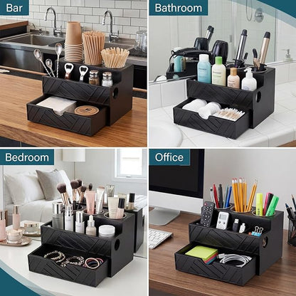 BrightRow Black Hair Tool Organizer with Drawer, Hair Brush Storage for Bathroom and Vanity Countertop, Fits Blow Dryer, Curling Iron, Makeup Brushes, Skincare, Hot Tools Organizer for a Tidy Counter