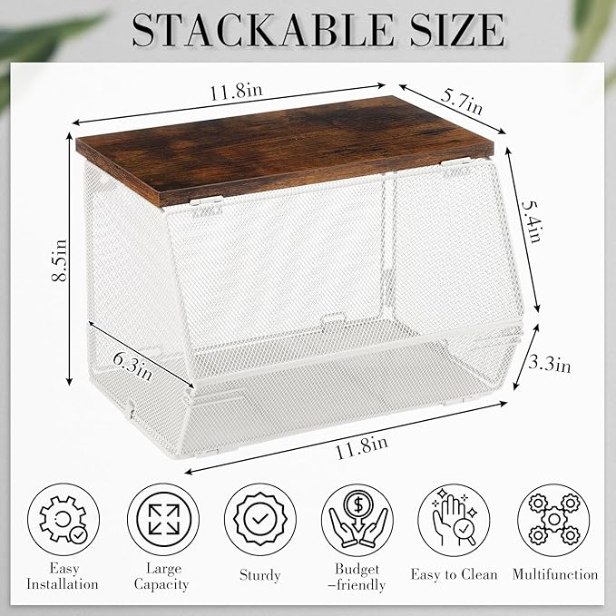 2 Pcs Stackable Mesh Fruit Basket with Lid Wall Produce Vegetable Storage Basket Onion Potato Snack Hanging Metal Wire Container for Kitchen Counter Pantry(Non-removable,White,7.1"w & 11.8"l)