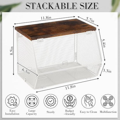 2 Pcs Stackable Mesh Fruit Basket with Lid Wall Produce Vegetable Storage Basket Onion Potato Snack Hanging Metal Wire Container for Kitchen Counter Pantry(Non-removable,White,7.1"w & 11.8"l)
