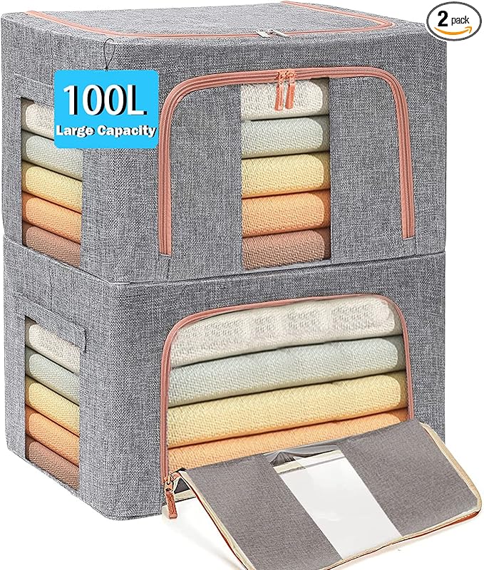 Large Capacity Clothes Storage Bags Stackable Storage Organizer with Foldable Metal Frame Zipper Handles Clear Window Storage Container Box for Blanket Sweater Comforter Pillow (100L Gray 2 Pack)