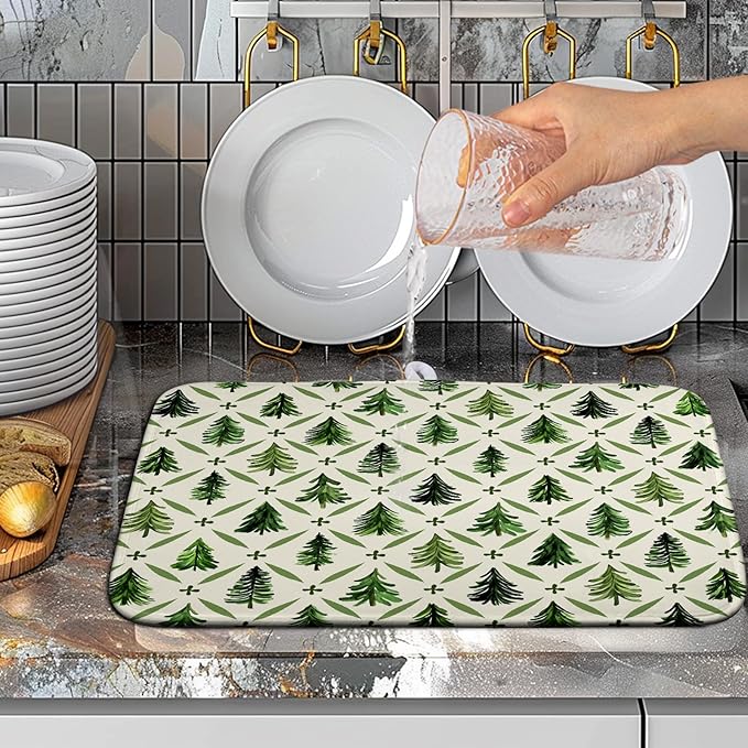 Wnoesat Christmas Dish Drying Mat for Kitchen Counter 16x18 Inch Sage Green Xmas Tree Drying Mats Winter Holiday Dish Drainer Pad Microfiber Absorbent Dish Draining Mat for Coffee Bar