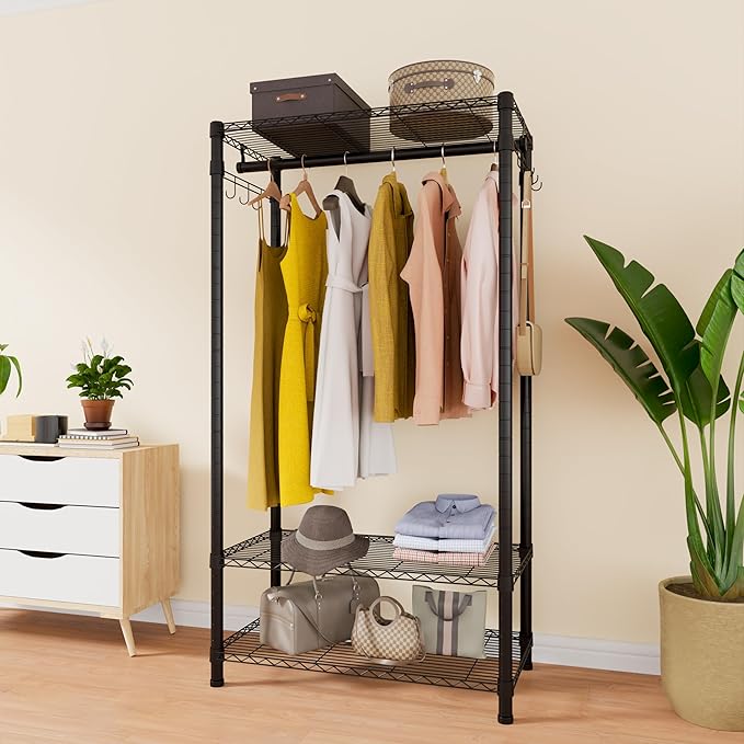 Xiofio 3 Tiers Heavy Duty Clothes Rack for Hanging Clothes Rack,Freestanding Closet with 2 Side Hooks and Hanging Rod, 29.1" L x 15.7" W x 76.3" H,Max Load 500LBS,Black