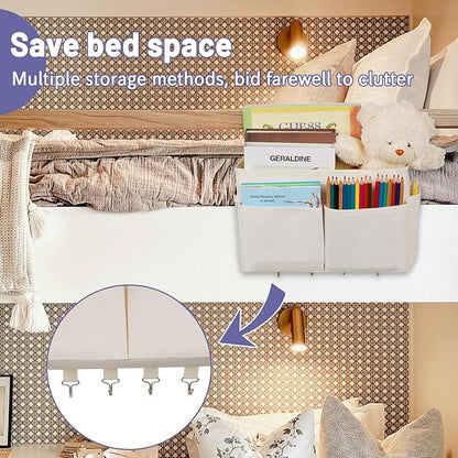 Frjjthchy Bedside Storage Organizer 5 Pockets with 4 Hooks Hanging Storage Bag for Headboards/Bunk Bed (2Pack White)