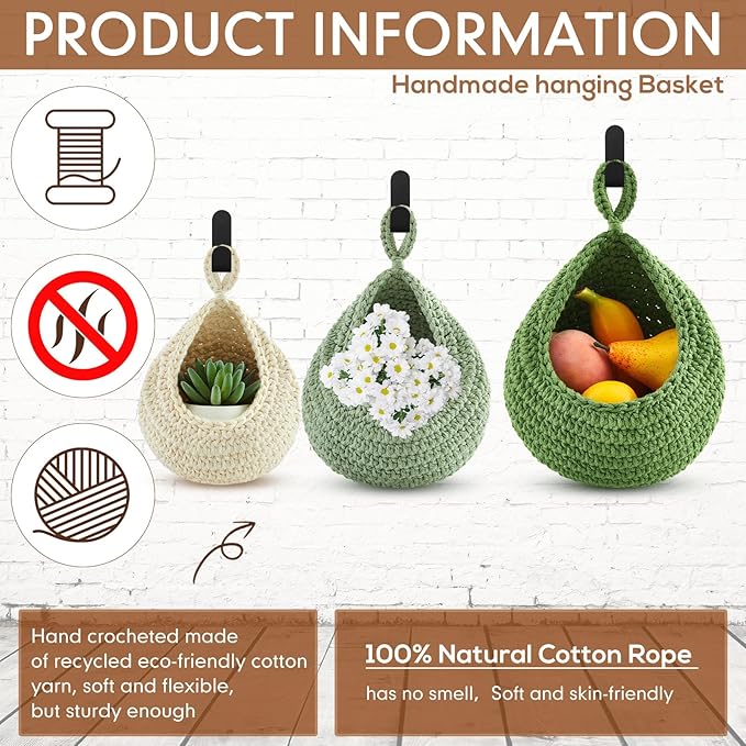 Honeydak Boho Decor Hanging Wall Baskets for Kitchen 3 Pack Teardrop Baskets with Hooks Storage Fruit Onion Vegetable Potato for Home 3 Sizes(Sage Green,Cotton Rope)