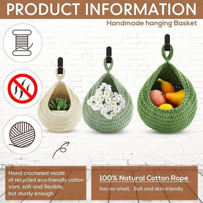 Honeydak Boho Decor Hanging Wall Baskets for Kitchen 3 Pack Teardrop Baskets with Hooks Storage Fruit Onion Vegetable Potato for Home 3 Sizes(Sage Green,Cotton Rope)