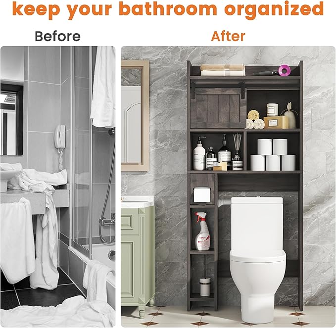 Semoic Over The Toilet Storage Cabinet, Over The Toilet Shelf with Sliding Door & Toilet Paper Holder Stand, Bathroom Above Toilet Storage, Home Space-Saving Toilet Rack for Bathroom, Restroom, Grey