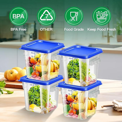 FeyBuosk 4 pcs 4qt Food Storage Containers with Lid, Square Clear Commercial Food Storage Containers with Handle and Scale for Food Storage in Home Kitchen & Dining (Blue)