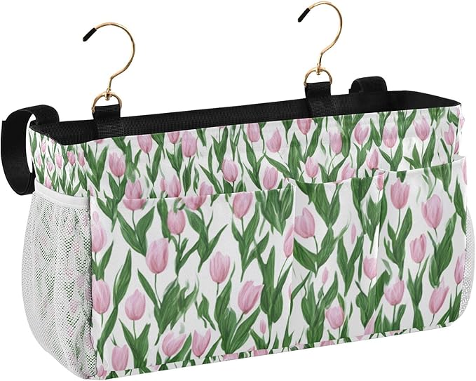 CuwrYet Bedside Caddy Hanging Bunk Bed Caddy Bed Organizer Hanging Pocket with 2 Hooks Bedside Storage Organizer Pocket Bag Holder Small Tulips Pink