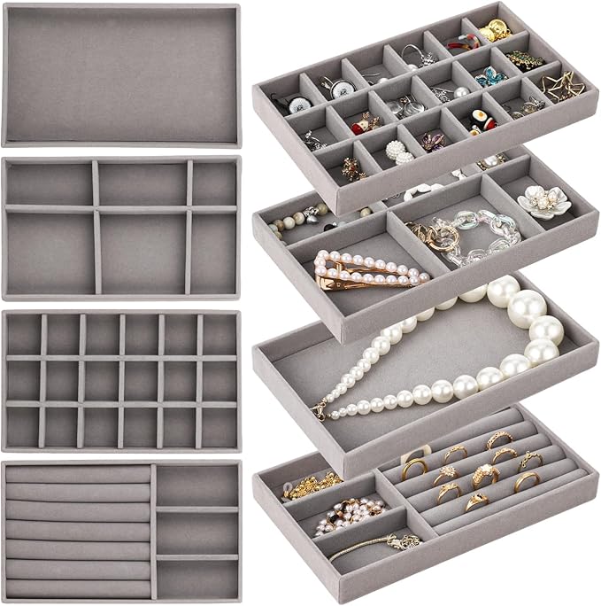 8 Pcs Jewelry Drawer Organizers, Velvet Jewelry Trays for Drawer, Stackable Jewelry Trays Ideal for Rings, Earrings, Bracelets, Necklaces, Grey (Gray)