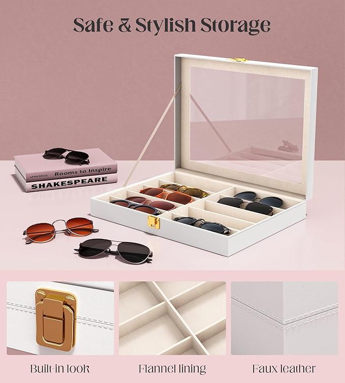 sensok Sunglasses Organizer Storage Box - 10 Slots Eyeglass Display Case for Multiple Pair Glasses, Sunglass Holder with Clear Glass Lid, Jewelry and Watch Collection Box for Women and Men, White