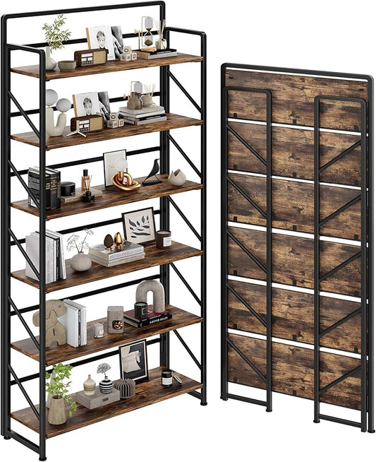 JSB Folding Bookshelf,Industrial Storage Shelves, No Assembly Vintage Wood Look Bookshelf with Storage Shelves for Living Room, Bedroom, Office (Fire Brown, Wide 6-Tier)