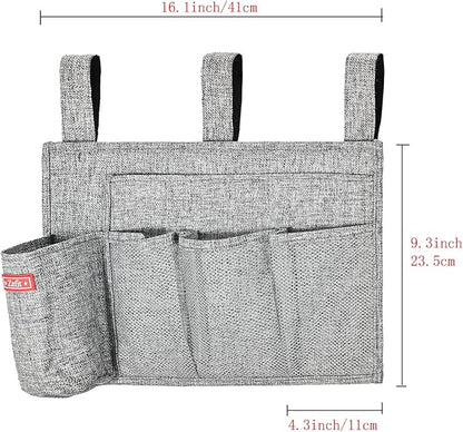Zafit Linen Bedside Caddy, Bedside Storage Organizer for Hospital Beds, College Dorm Rooms or Baby Bed (5 Pockets-Grey)