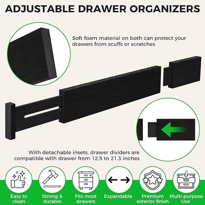 4 Pack Bamboo Drawer Dividers Organizer with Inserts 2.6'' High, Expandable from 12.5-21.7", Adjustable Drawer Organizer Separators for Utensils, Clothing, Office, Dresser, Bedroom, (Black)