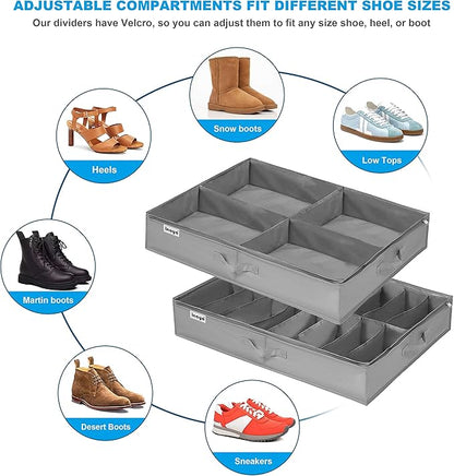 Under Bed Shoe Storage Organizer Set of 2, Fits 16+4 Pairs Boots Total, Underbed Shoe Box Storage Containers w/ Reinforced Handles, Clear Foldable Shoes Organizer Adjustable Dividers w/ Bottom Support