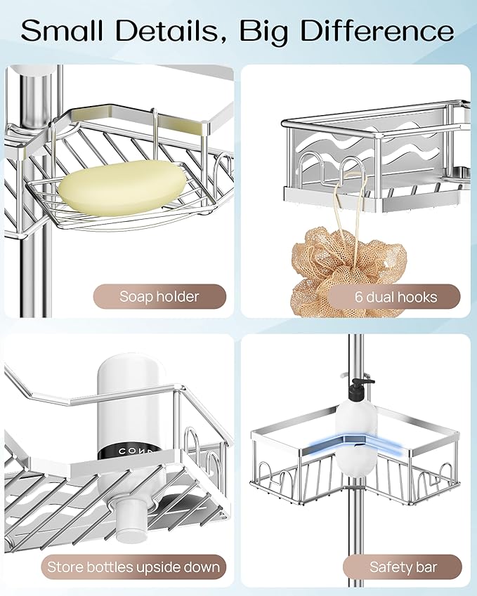 ALLZONE Corner Shower Caddy Tension Pole, Quick to Install, Easy to Adjust, Rust-Free Stainless Steel Shower Organizer Corner and Storage Shelves, Drill Free, Extends from 34 up to 116 Inch Tall