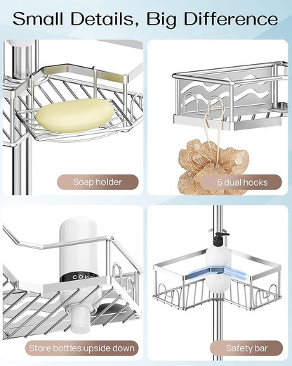 ALLZONE Corner Shower Caddy Tension Pole, Quick to Install, Easy to Adjust, Rust-Free Stainless Steel Shower Organizer Corner and Storage Shelves, Drill Free, Extends from 34 up to 116 Inch Tall