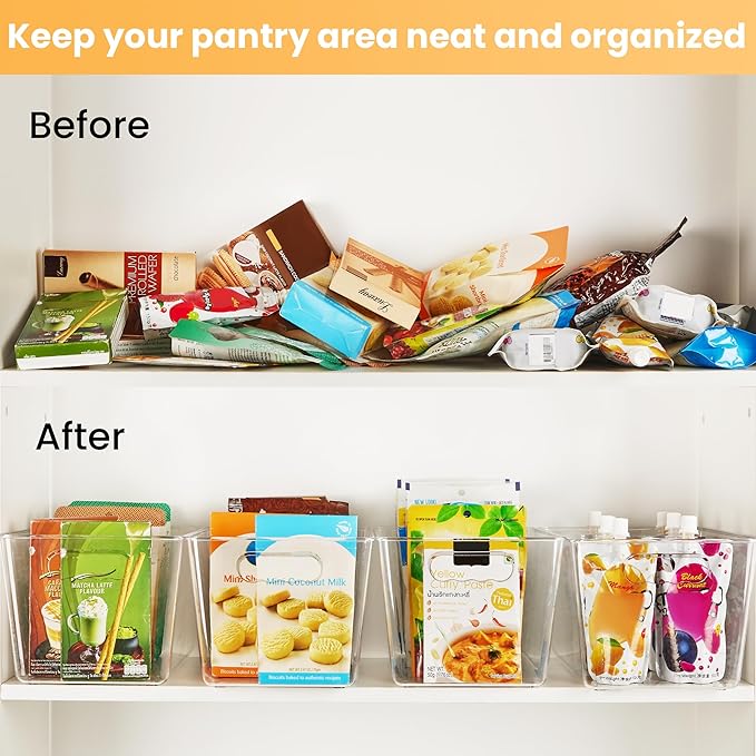 YIHONG Clear Plastic Storage Bins, 4 Pack Pantry Organizer Bins with Handle for Kitchen, Freezer,Cabinet,Closet Organization and Storage