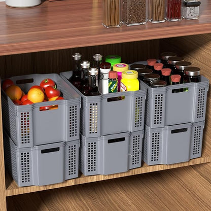 6 Packs Plastic Storage Baskets, Deep Stacking Baskets, Stackable Storage Basket Tray, Gray
