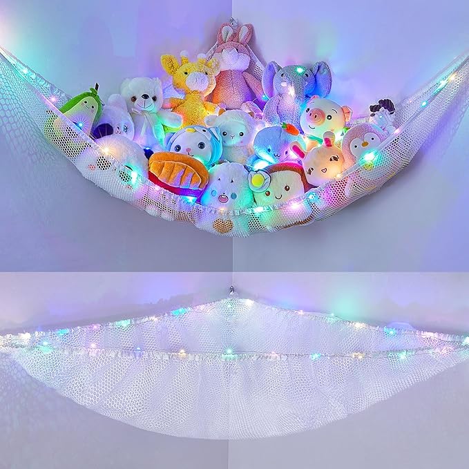 Unicorn Castle Stuffed Animals Net or Hammock Kids Toy Storage Organizer with LED Light Hanging Corner Stuffed Animals Holder Kids Girls Room Decor,White,Large (Pack of 1)