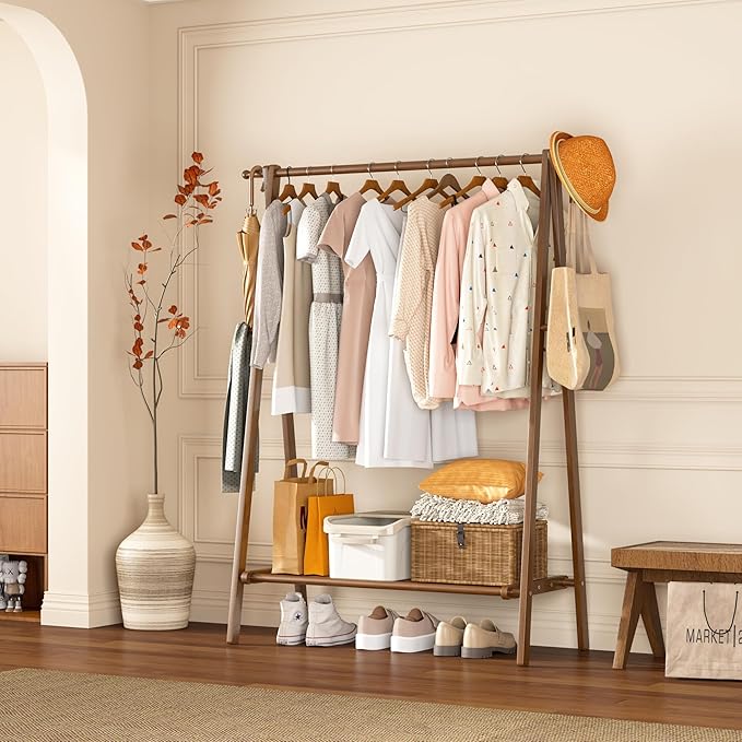 Solid Wood Clothes Rack with Shelves - Collapsible Clothing Racks for Hanging Clothes, Garment Rack with Shelves & 6 Hooks, Hanging Racks for Clothes, Bedroom, Entryway, Kids Room - Walnut