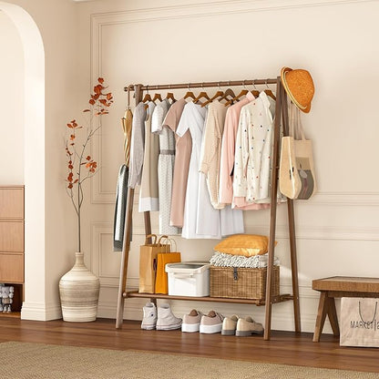 Solid Wood Clothes Rack with Shelves - Collapsible Clothing Racks for Hanging Clothes, Garment Rack with Shelves & 6 Hooks, Hanging Racks for Clothes, Bedroom, Entryway, Kids Room - Walnut