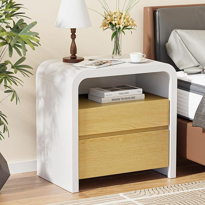 HOCAT 24 inches White Modern Nightstand, Bedside Table with Curved Anti-Collision Design, Large Night Stand with 2 Storage Drawers and Open Wood Shelf for Bedroom, Farmhouse Side Table, End Table