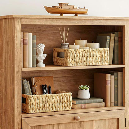 Water Hyacinth Baskets for Shelves Rattan Woven Basket Storage Organizer Bins with Built-in Handles Decorative Shallow Rectangle Pantry Organizers for Organizing Countertop Bathroom