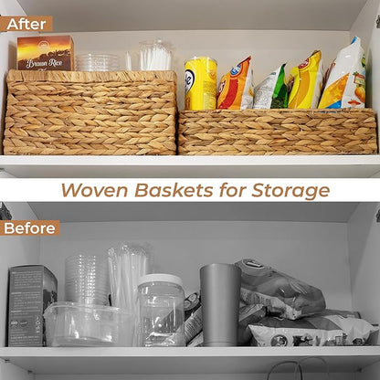 2-Pack Handwoven Water Hyacinth Storage Baskets, Wicker Bins for Pantry Organization, Shelf or Closet Organizer, Decorative Boho Rectangular Basket 15.7" x 6.7"