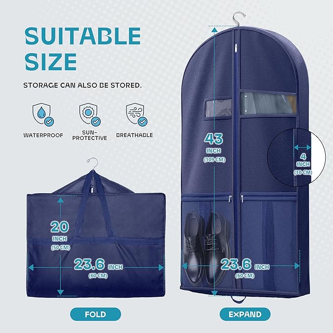 Travel Garment Bag with Zipper Pocket, Suit Bag for Suits, Dresses, Coats