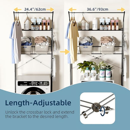 Laundry Room Storage Shelf, 2 Tier Metal Over Washer and Dryer Shelves, Washing Machine Shelf with Hanger Rods & Hooks, Expandable Bathroom Space Saver Shelf, 26–36.8" L x 18.3" W x 73.8" H, Black