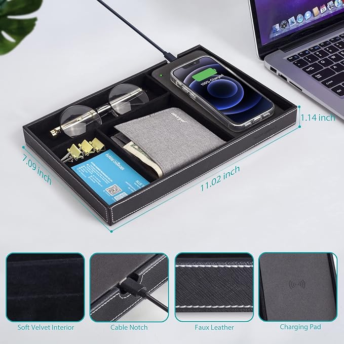 Valet Tray with Wireless Charger, Faux Leather Nightstand Organizer, Catch-All Tray for Entryway Table Key, Wallet, Watch, Coin Change, Phone (Black)