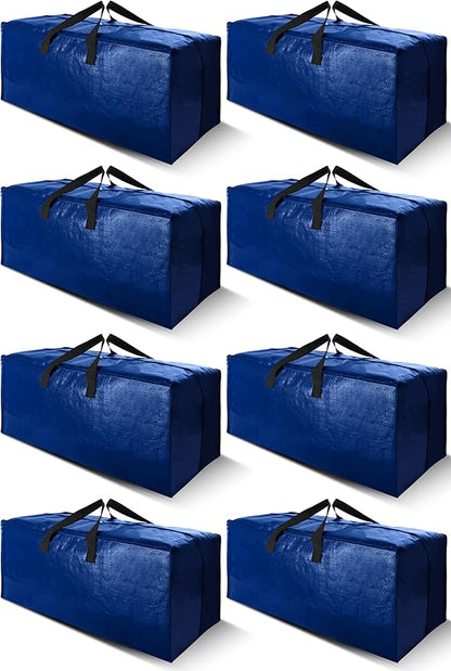 Cosy Family 8 Pack Heavy Duty Extra Large Moving Bags with Backpack Straps - Strong Handles & Zippers, Storage Totes For Space Saving, Fold Flat, Alternative to Moving Box (Set of 8, Blue)