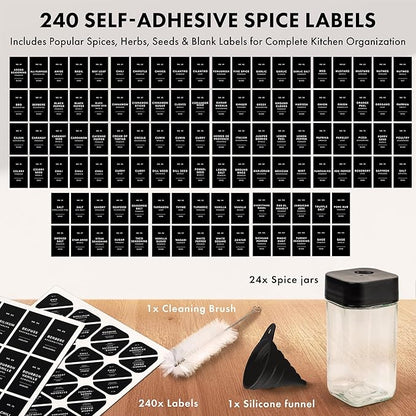 Glass Spice Jars with Adjustable Rotating Lids (24 Pack) – 4oz Seasoning Jars with 240 Labels, Funnel & Brush – Airtight Spice Containers for Kitchen Organization