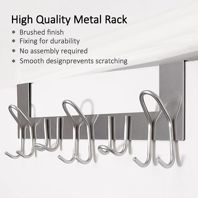 SKOLOO Over The Door Hooks - for Doors up to 1-3/4'' Thickness, Pack of 2, Metal Door Hanger with 11 Hooks, Over The Door Hanger for Coats, Hats, Towels, Silver
