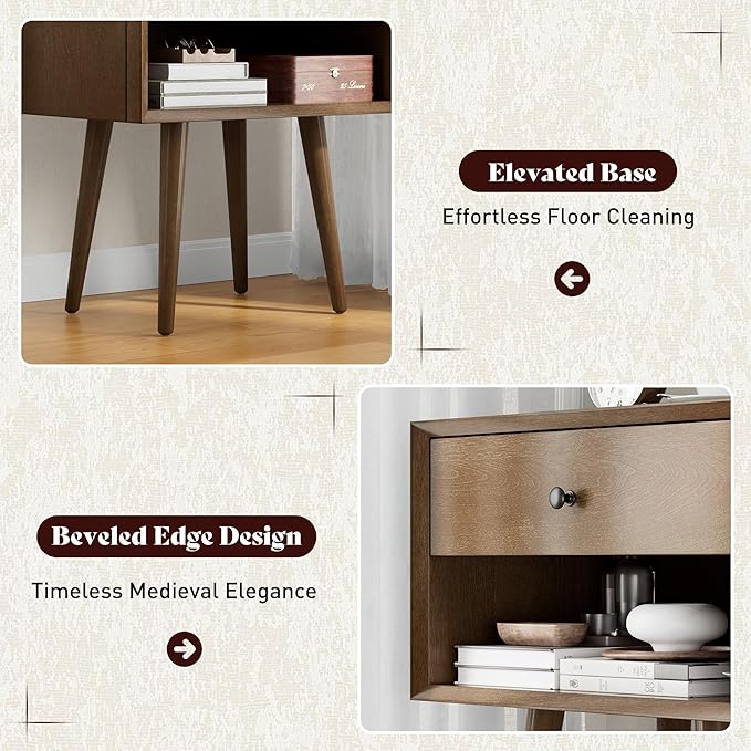 AMERLIFE Solid Wood Nightstand Set of 2, Fully Assembled End Table with Storage Drawer & Open Cubby, Mid-Century Modern Side Table for Bedroom, Walnut