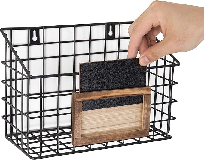 MyGift 10 Inch Wall Mounted Matte Black Metal Wire Storage Baskets with Chalkboard Labels, Small Hanging Organizer Bins for Home Entryway Kitchen Pantry Closet, Set of 3