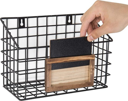MyGift 10 Inch Wall Mounted Matte Black Metal Wire Storage Baskets with Chalkboard Labels, Small Hanging Organizer Bins for Home Entryway Kitchen Pantry Closet, Set of 3
